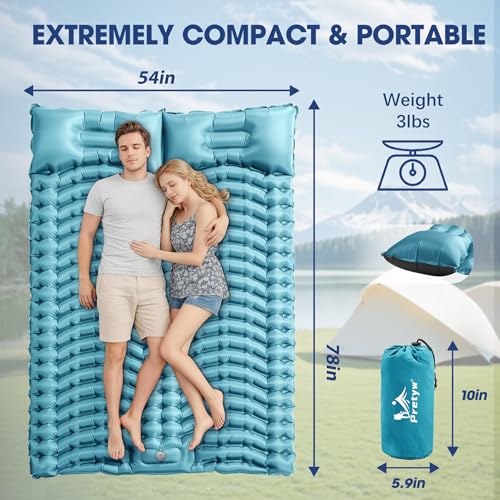 Image of Double Sleeping Pad for Camping - Ultralight Camping Mattress with Pillow, Built-in Foot Pump, Compact Inflatable 2-Person Portable Mat for Backpacking, Hiking, Car Traveling, Beach, Tent