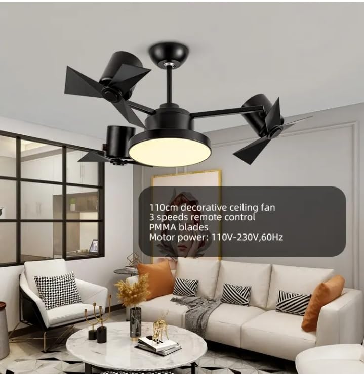 Image of Glowave Modern Black Finish Industrial Multi Head 3 Blade Ceiling Fan with LED Light & Remote Control Silent High-Speed Motor Fan for Kitchen, Cafes, Hotels, Dining, Bar - Tricolor (FI-7820 /BK)