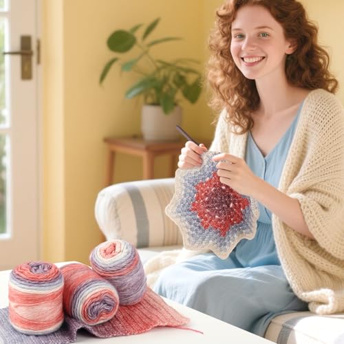Image of Katech Ombre Yarn for Crocheting-Gradient Cake Yarn-4x100g 60% Cotton 30% Acrylic 11% Wool-Multicolor Soft Rainbow Cotton Crochet Yarn for Scarves, Shawls, Blankets and Garments(L)