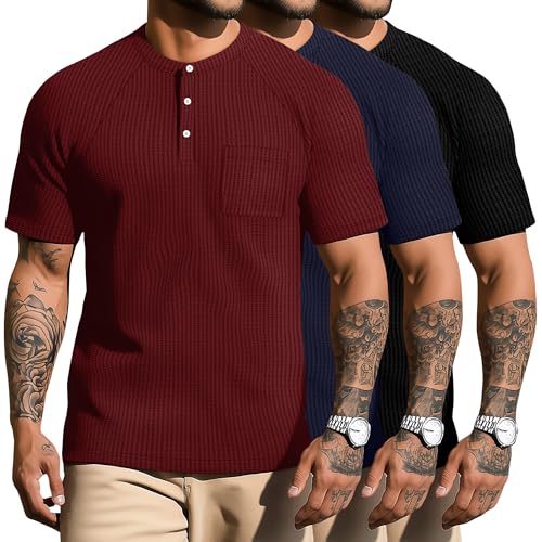 3 Pack Men's Waffle Knit Shirts Raglan Short Sleeve T Shirts with Pocket Casual Tops