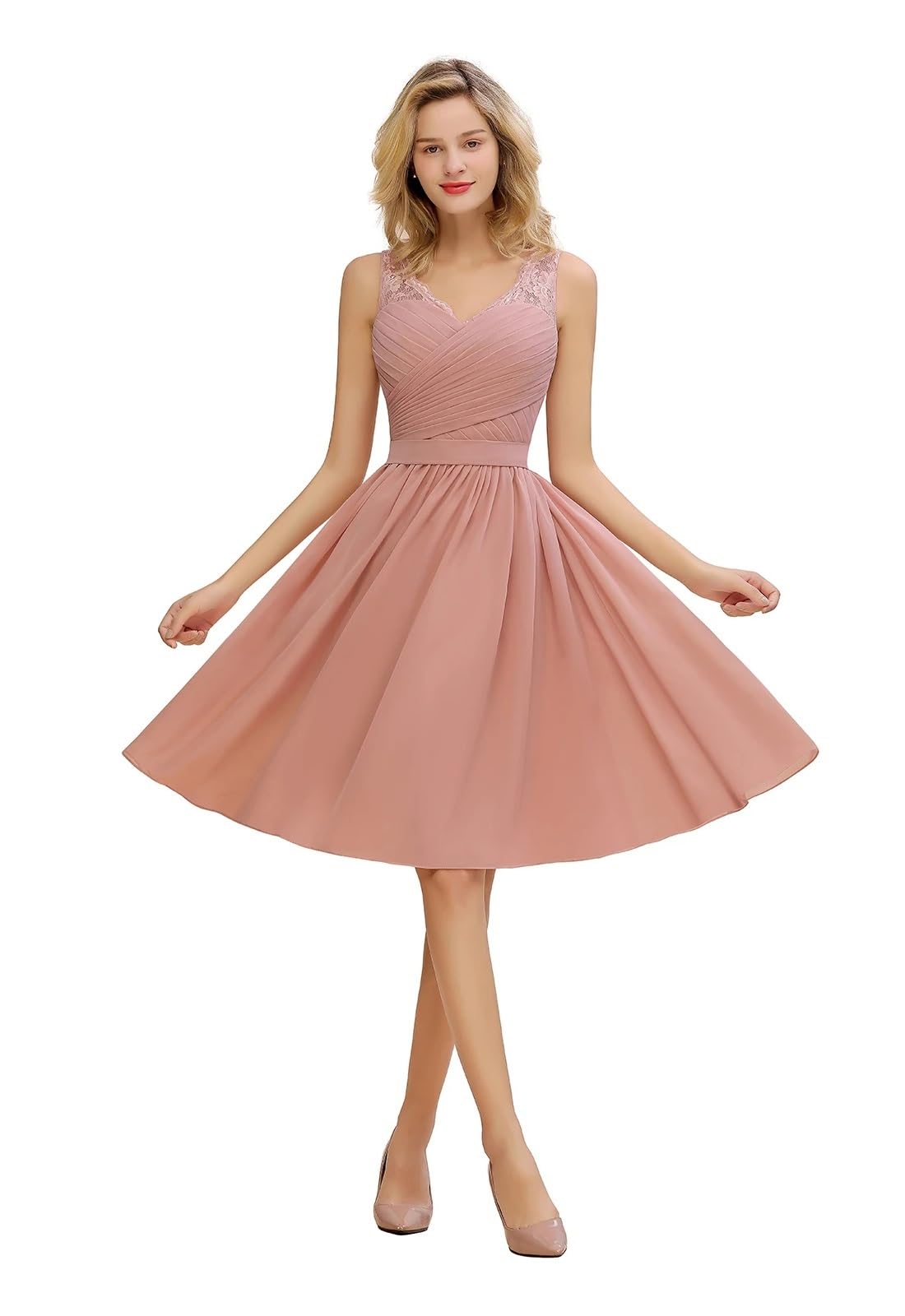 Klassisches Dusty Rose Chiffon A-Linie Brautjungfernkleid for Hochzeitsfeier V-Ausschnitt Ärmellos Spitze Kurzes Abschlussballkleid(Pink,14)