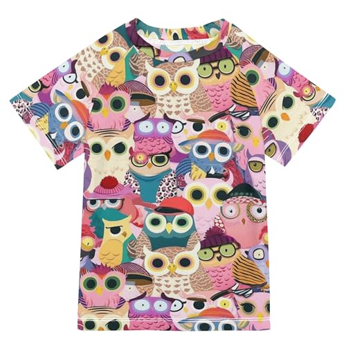 Colorful Pattern with Cute Cartoon Owls Girls Bathing Suit Short Sleeves Active Shirts Swimwear Beach Tops 3T