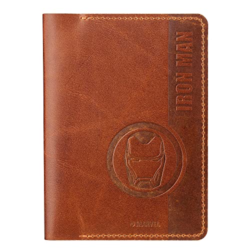 IRON SPIDER Carteiras masculinas para passaporte, com função de bloqueio RFID, carteiras de passaporte de couro genuíno de alta capacidade com personagem de super-herói, Ferro - marrom escuro,
