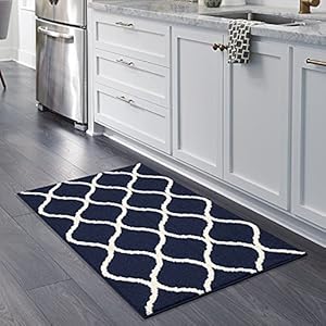 Maples Rugs Rebecca Contemporary Kitchen Rugs Non Skid Accent Area Carpet [Made in USA], 2’6 x 3’10, Navy Blue/White