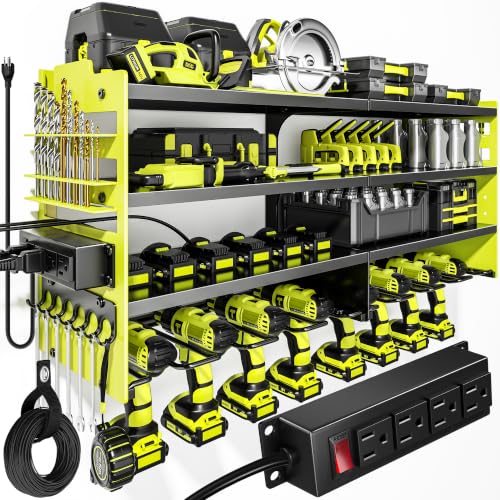 Image of POKIPO Upgrade Power Tool Organizer Wall Mount with Charging Station,4 Layer Heavy Duty Metal Storage Rack Loads 600lbs with 8 Cordless Drill Holder,4 Outlet Power Strip Battery Utility Rack for Man