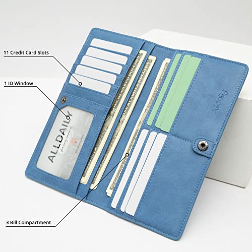Image of Alldaily Ultra Slim Thin Women Wallet RFID Blocking Credit Card Holder Bifold Long Ladies Billfold (Blue)