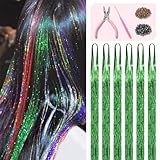 Fiwecos Green Hair Tinsel Kit 48 Inches 1200 Strands with Tools and Instruction Easy to Install Fairy Glitter Tinsel Hair Extensions for Women and Girls，Shinny Sparkling Braiding Hair Accessories