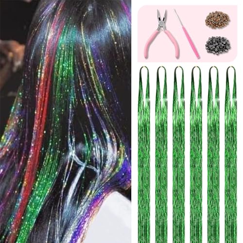 Fiwecos Green Hair Tinsel Kit 48 Inches 1200 Strands with Tools and Instruction Easy to Install Fairy Glitter Tinsel Hair Extensions for Women and Girls，Shinny Sparkling Braiding Hair Accessories