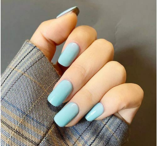 Cathercing 24Pcs Ballerina Pure Color Medium Smooth Coffin Nails Full Cover Medium False Gel Nails Art Tips Sets for Women Girls Gift on Halloween Party (blue)