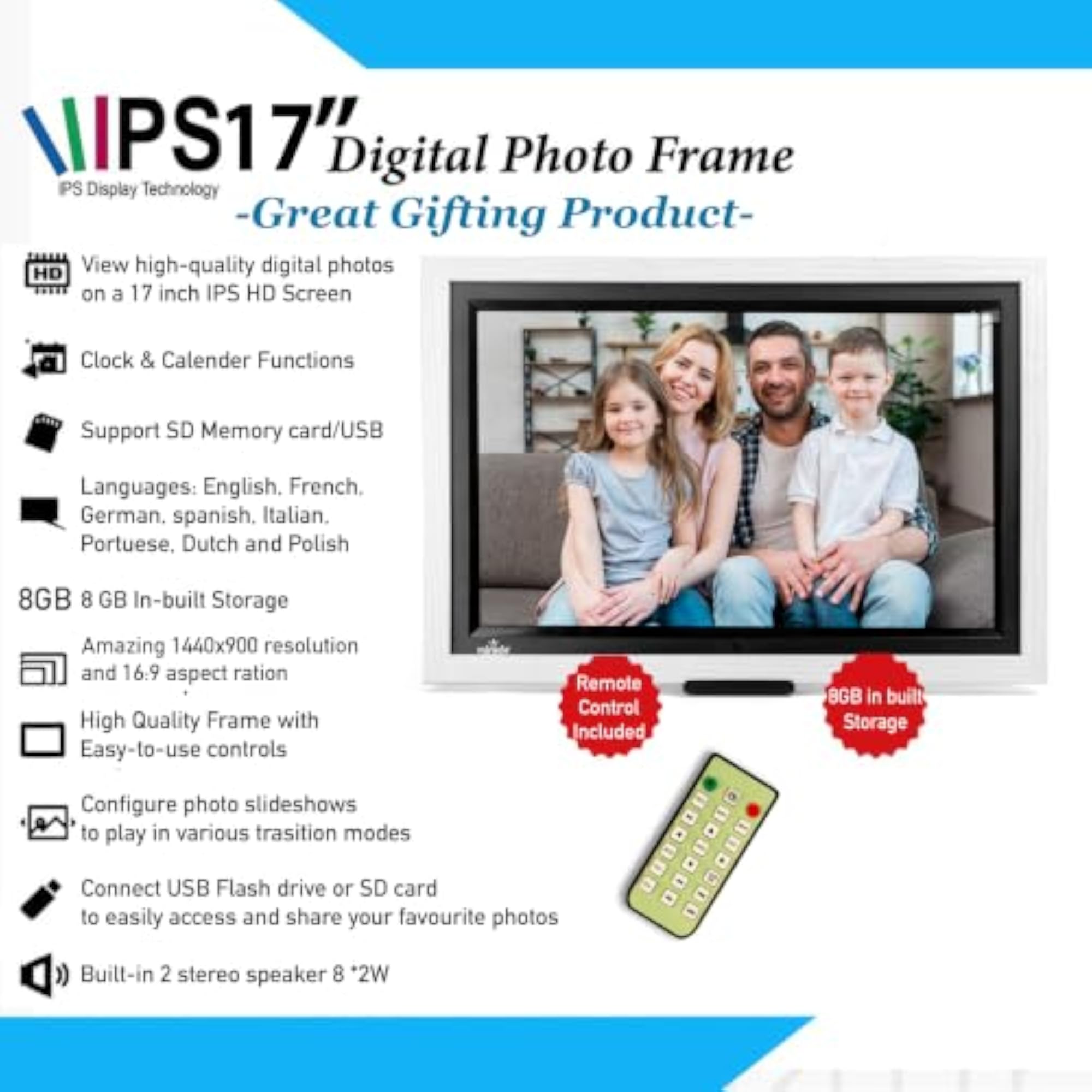 17 Inch Wooden Photo Frame with 1280x800 Display