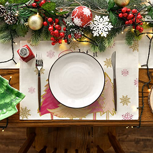 Artoid Mode Pink Christmas Tree Let It Snow Snowflake Winter Placemats Set Of 4, 12X18 Inch Seasonal Table Mats For Party Kitchen Dining Decoration #TOP1