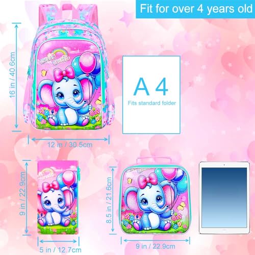 Image of CCJPX 3PCS Backpack for Girls, 16 inchElephant Bookbag with Lunch Box, Kids Water Resistant Elementary School Bag for Preschool Kindergarten Toddler