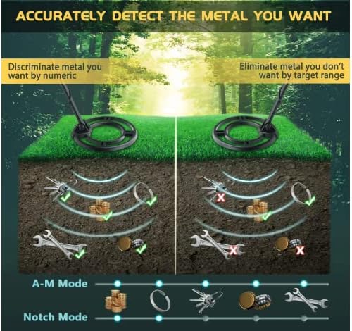 Diagram illustrating the discrimination and notch modes of the metal detector, showing how it can differentiate between desired and undesired metals underground.