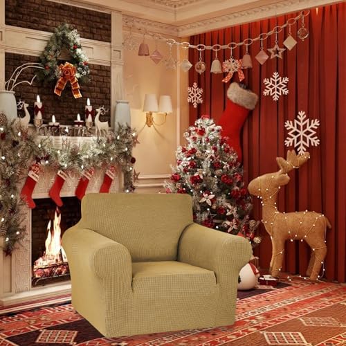 KEKUOU Stretch Single Sofa Slipcover 1 Piece Couch Sofa Cover (31"-55") Furniture Protector 1 Seater Sofa with Elastic Bottom for Kids,Pet.Jacquard Small Checked Pattern Fabric(Small,Tan)