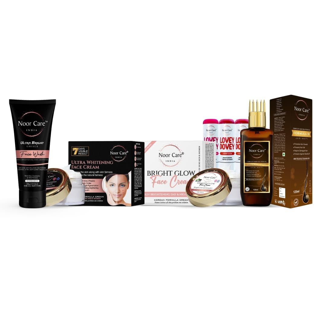 Noor Care India Combo of 7, Noor Care Facewash 100g+ Night Cream 15g+ Day Cream 15g, Hair Oil 125ml,+ 3 Lipbalm 4.2g Each | Suoer Saver Pack