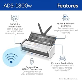 Brother ADS-1800W Wireless Compact Desktop Scanner | Scan Speeds of Up to 30ppm | 2.8" Color Touchscreen