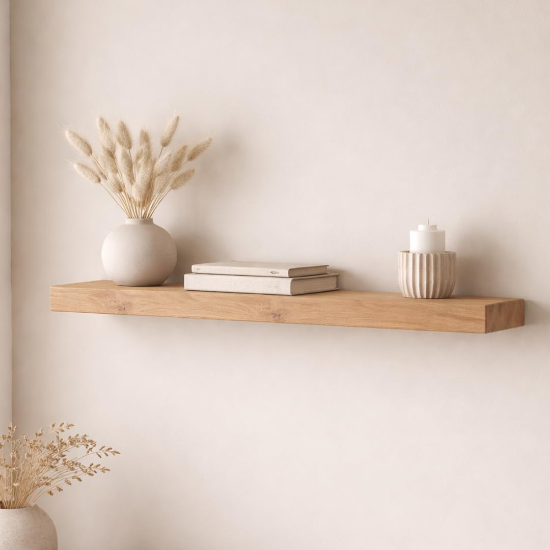 Drewniany regał wiszący z litego drewna dębowego o szerokości 20 cm – ręcznie wykonany – unosząca się ściana (90 cm)