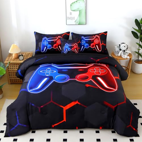 BYHOFMLY Gamer Comforter Set Twin Size Blue and Red 6 Pieces Gaming Kids Bedding Sets for Boys Girls 3D Game Console Teen Boy Bed in A Bag Gamepad Bed Sets (Blue Red, Twin)