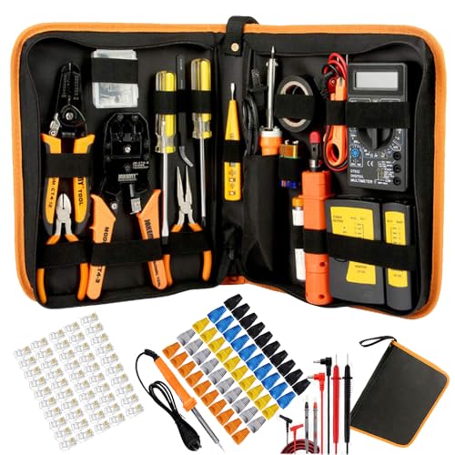 LEATBUY Crimper Set CAT5 CAT6 RJ45 Crimp Tool Kit Cat5e Crimping Tool, 50PCS Connectors, 50PCS Covers, Network LAN Cable Tester, Ethernet Wire Stripper Punch Down Cutter(Orange)