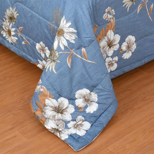 Image of Florida Dark Blue & Cream AC Comforter for Single Bed 200 GSM | Microfiber Quilt Blanket Lightweight Duvet for All Weather - 160x220 cm