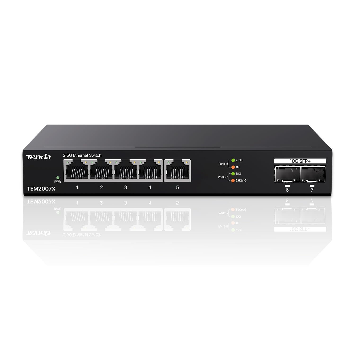 Tenda 2.5Gbit Switch with 5x 2.5G Ports & 2x 10G SFP+ Ports, Unmanaged 2.5 Gigabit Ethernet LAN Switch (Plug & Play, Metal Case, Black) (TEM2007X)