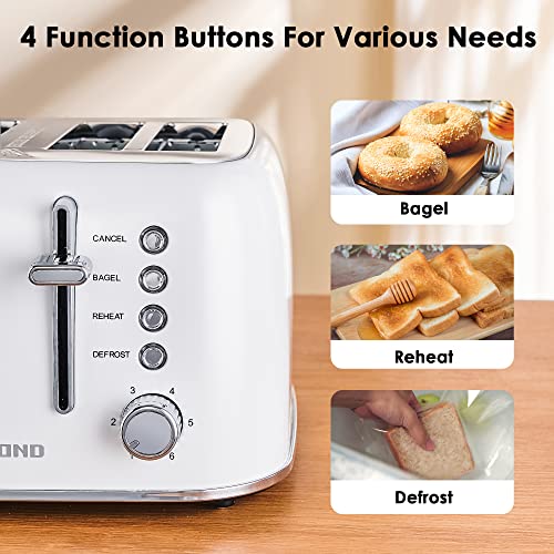 Redmond Toaster 4 Slice, Retro Stainless Steel Toaster With Extra Wide Slots Bagel, Defrost, Reheat Function, Dual Independent Control Panel, Removable Crumb Tray, 6 Shade Settings And High Lift Lever, White, New Version #TOP4