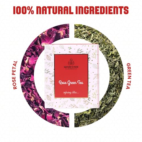 Image of Nature's Park Rose Green Tea - 20 Premium Tea Bags - For Glowing Skin, Stress Relieving, Good Sleep, Antioxidants Rich - Made with 100% Whole Leaf & Natural Rose Petals - Herbal Tea -150g
