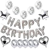 WEIKA 27 Pcs Silver Birthday Decorations, 3D Foil Silver Happy Birthday Balloon Banner, Pentagram He