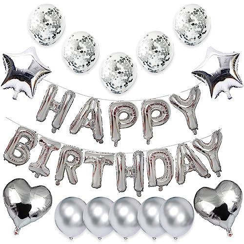 Weika 27 Pcs Silver Birthday Decorations, 3D Foil Silver Happy Birthday Balloon Banner, Pentagram Heart Foil Balloons Confetti Balloons Kit For Boys Girls Birthday Party Supplies #TOP4