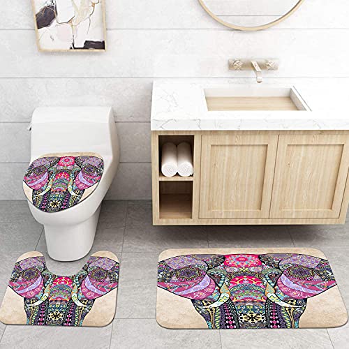 Duobaorom 4 Pieces Set Animal Shower Curtain Set Vintage Tribal Elephant With Mandala Flower Art On Non-Slip Rugs Toilet Lid Cover Bath Mat And Bathroom Curtain With 12 Hooks 72X72Inch #TOP1