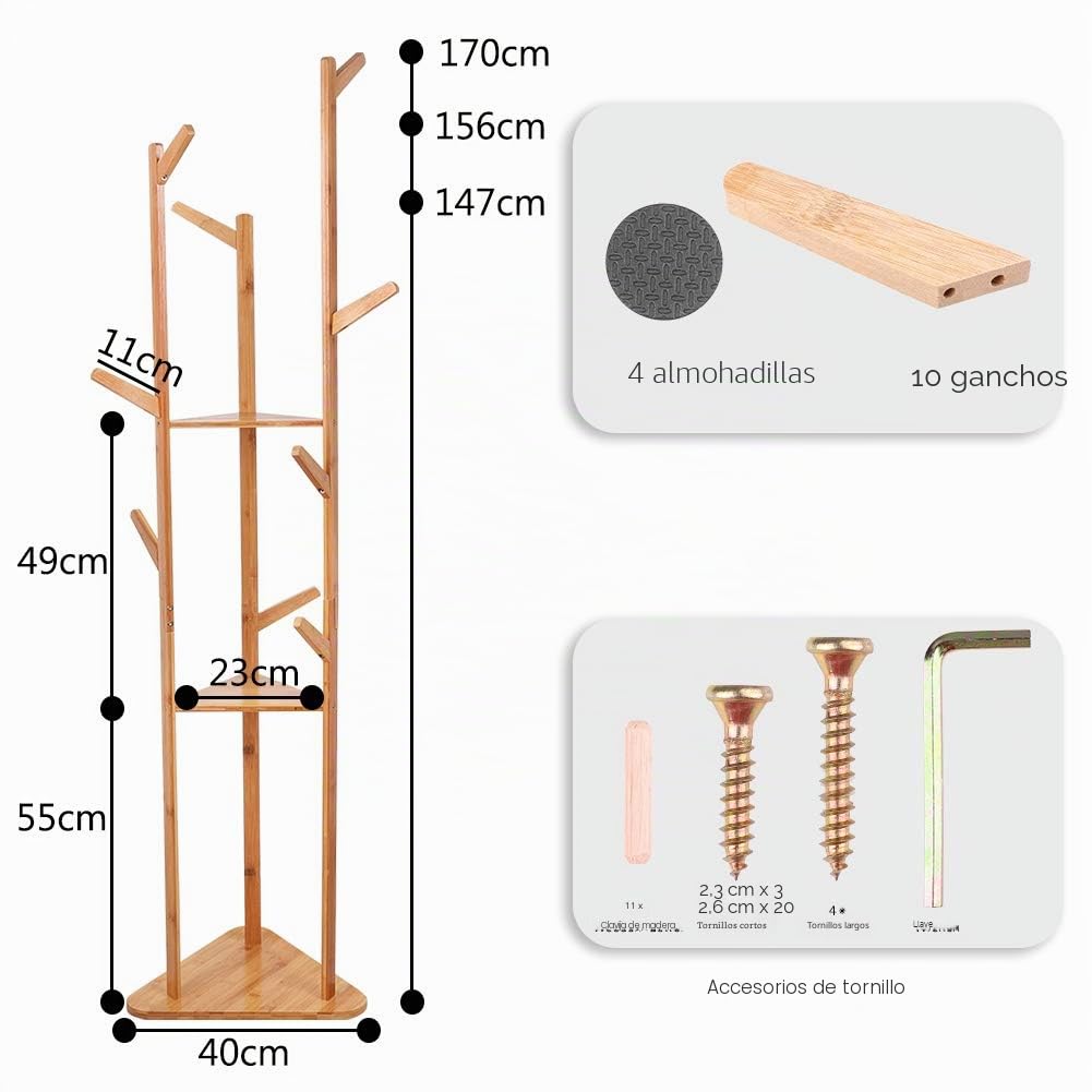 unho Perchero de Pie Madera de Recibidor: Perchero Ropa Original Bambu Colgador Ropa de Arbol con 9 Ganchos 3 Estantes para Entrada Dormitorio Habitacion Pasillo