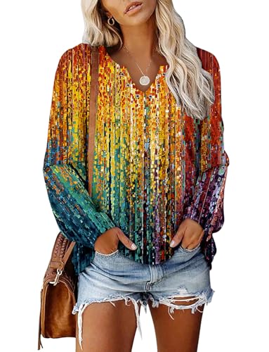 onlypuff V Neck Tops for Women Long Sleeve Shirts Loose Fit Tunic Top Cute Ladies Blouse Fall Fashion Tops2
