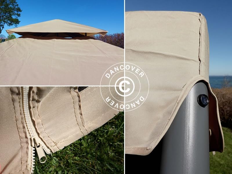 Close-up details of the gazebo fabric, zipper, and pole cover.