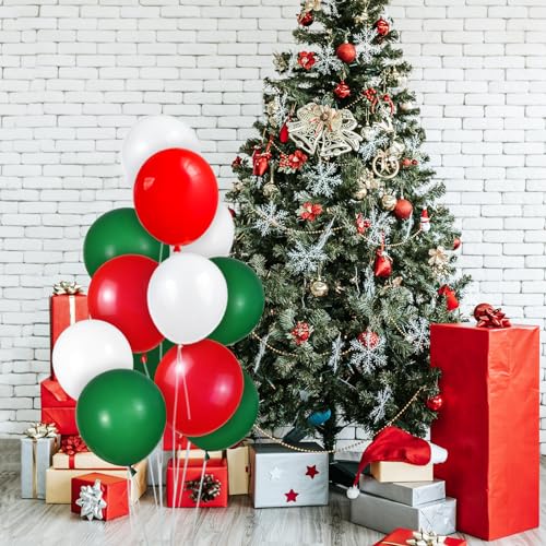 Image of 100 Pcs Christmas Red Green Balloons 12 Inch Red Green and White Latex Balloons with 65ft Ribbon for Christmas Birthday Baby Shower Party Decorations