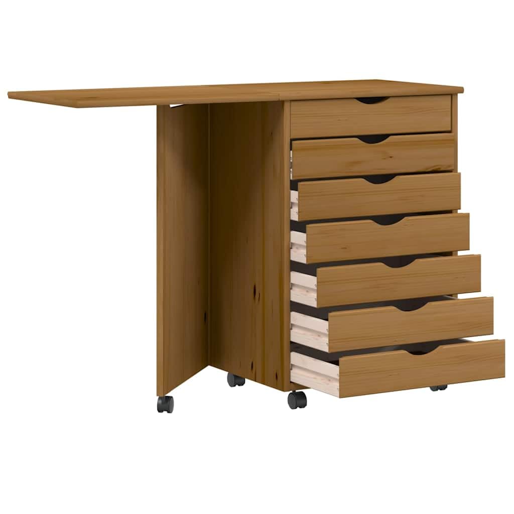 Moss - Armadio a rotelle con scrivania in legno di pino massiccio, segretario con 7 cassetti, tavolo pieghevole per ufficio e soggiorno, colore: marrone miele e bianco, 105,5 x 39 x 74,5 cm