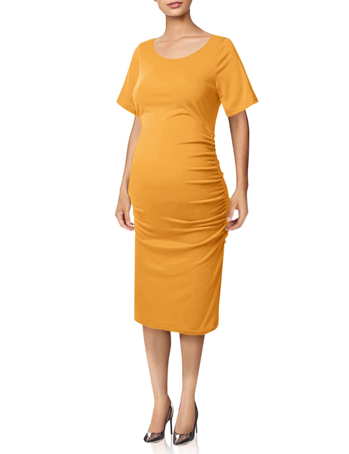 GINKANA Maternity Bodycon Dress Short Sleeve Ruched Sides Casual Pregnancy Clothes