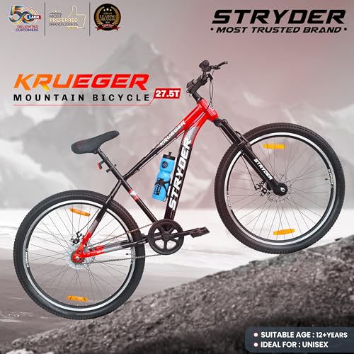 Image of Stryder 27.5T Krueger Mountain Cycle for Men & Women with Front Suspension and Dual Disc Brake | Single Speed Cycle - Ideal for 12+ Years (Frame: 18 Inches) (Black::Red)