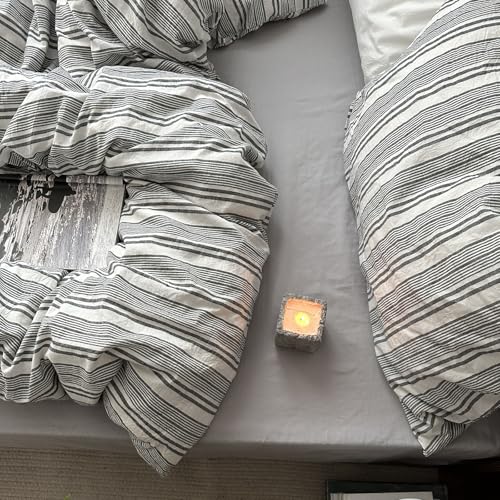 Image of Striped Duvet Cover Set, Queen Size, Dark Grey & White, 3 Pieces | Men's Cotton Bedding Set, Modern Preppy Style, Boys Comforter Cover for College Dorm, 90 inchx90 inch