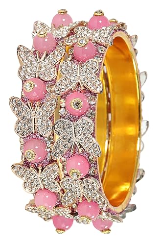 Image of LAVAZZA Stylish Butterfly Design Golden Metal with Zircon Diamond & Pearls Moti Bangles Kada For Women & Girls | Traditional Girl's Bangles Bracelet | Women's Kangan Wedding, Party-Set of 2