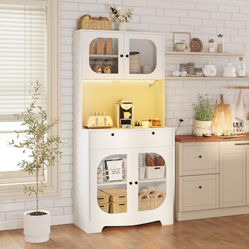Image of 72 inch Black Kitchen Pantry Cabinet with Lights and Charging Station, Tall Hutch Storage Cabinet Coffee Bar Cabinet with Microwave Shelf for Dining Room