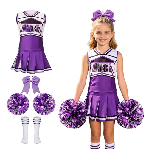 Colorful House 5-Piece Cheerleading Outfit for Kids - Complete with Top, Skirt, Pom Poms(8-9Y,Purple)