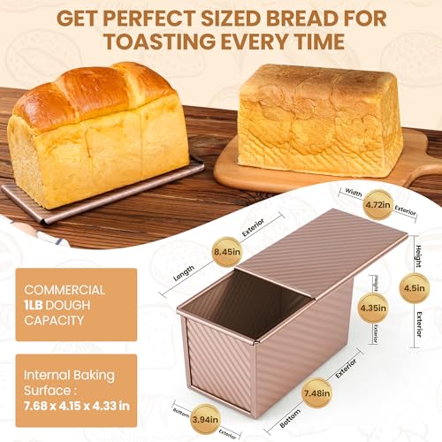 Image of Yupjlia Pullman Loaf Pan with Lid, 1LB, Nonstick, Even Baking, Clean Easily | Premium Sandwich Bread Loaf Pan with Lid for Homemade Bread, Heavy Duty Carbon Steel Corrugated Pullman Toast Box, 9 x 4