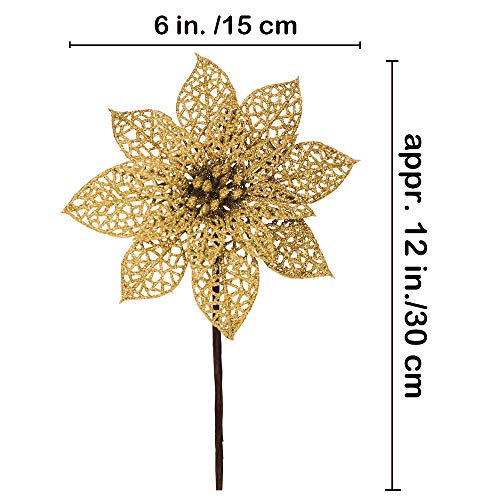 Supla 24 Pack Christmas Gold Glitter Poinsettia Flowers Picks Christmas Tree Ornaments 5.9" Wide For Gold Christmas Tree Wreaths Garland Holiday Seasonal Wedding Decorations White Gift Box Included #TOP2
