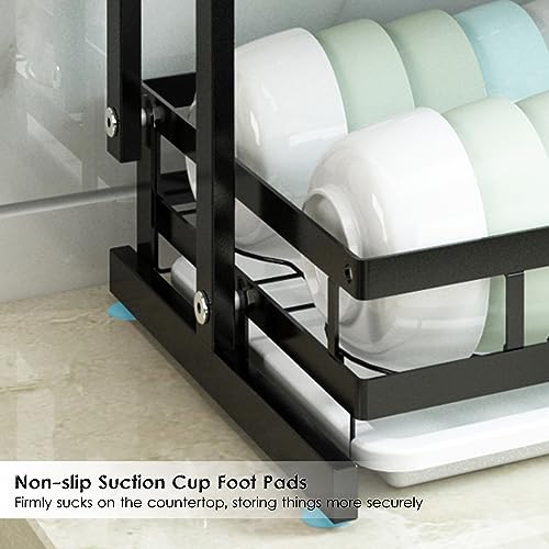 Escurridor para platos/secador/escurridor/escurridor sobre fregadero, soporte plegable de 2 niveles con bandeja de goteo, acero inoxidable, revestimiento negro