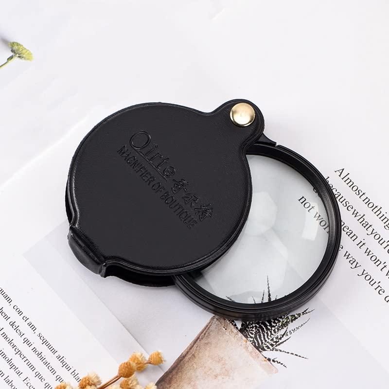 GDQLCNXB 1Pcs 10X Mini Pocket Magnifier, Glass Folding Magnifying with Rotating Protective Leather Sheath for Reading, Science, Jewelry, Books, Lens Size 2.4"(Black) - Image 2