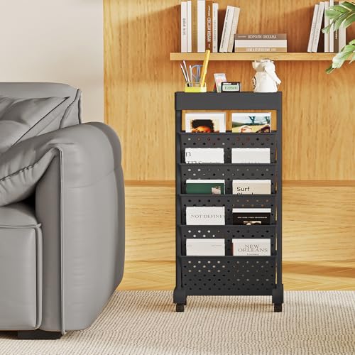 Image of 6 Tier Rolling Utility Cart Multi-Functional Movable Storage Book Shelves with Lockable Casters for Study Office Classroom, Black