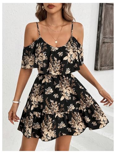 SOLY HUX Women's Boho Floral Print Cold Shoulder Dress Short Sleeve Ruffle A Line Vacation Elegant Mini Dresses4