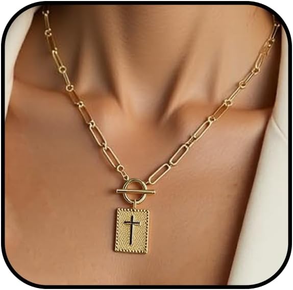 Chunky Cross Paperclip Necklace for Women Gold Silver Cross Toggle Clasp Necklace Trendy Statement Rectangle Necklace Religious Jewelry Gift for Christian Faith