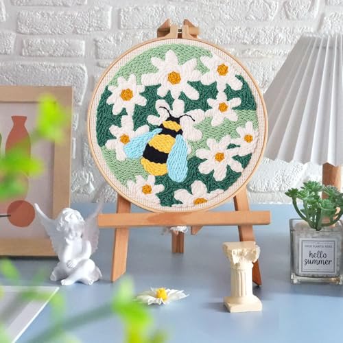 Image of KESTAR Punch Needle Embroidery Starter Kits, Bee and Daisy Flower Punch Needle Kits for Adults Beginner, Needle Punch Kit Tool with Instruction Threader Fabric Yarns and Hoop
