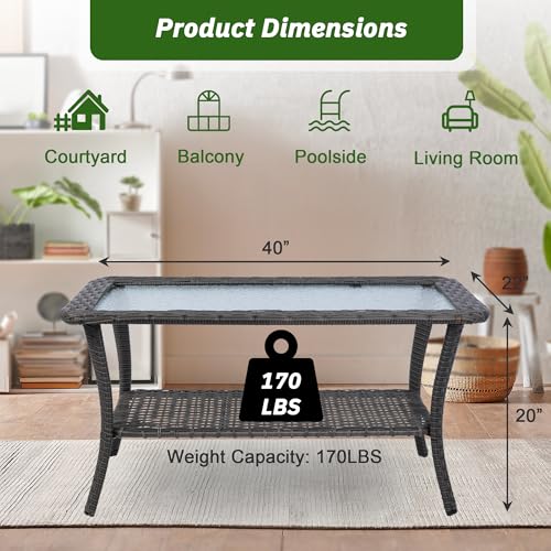 Txgdpioneer Outdoor Wicker Coffee Table With Tempered Glass Top,40Inch All Weather Resin Rattan Patio Glass Coffee Table thumb #5
